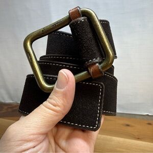 J Crew Suede Belt Womens S/M Solid Brass Buckle Genuine Leather USA Dark Brown